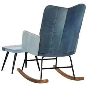 Houpací křeslo s podnožkou modré denim patchwork plátno - obrázek 4