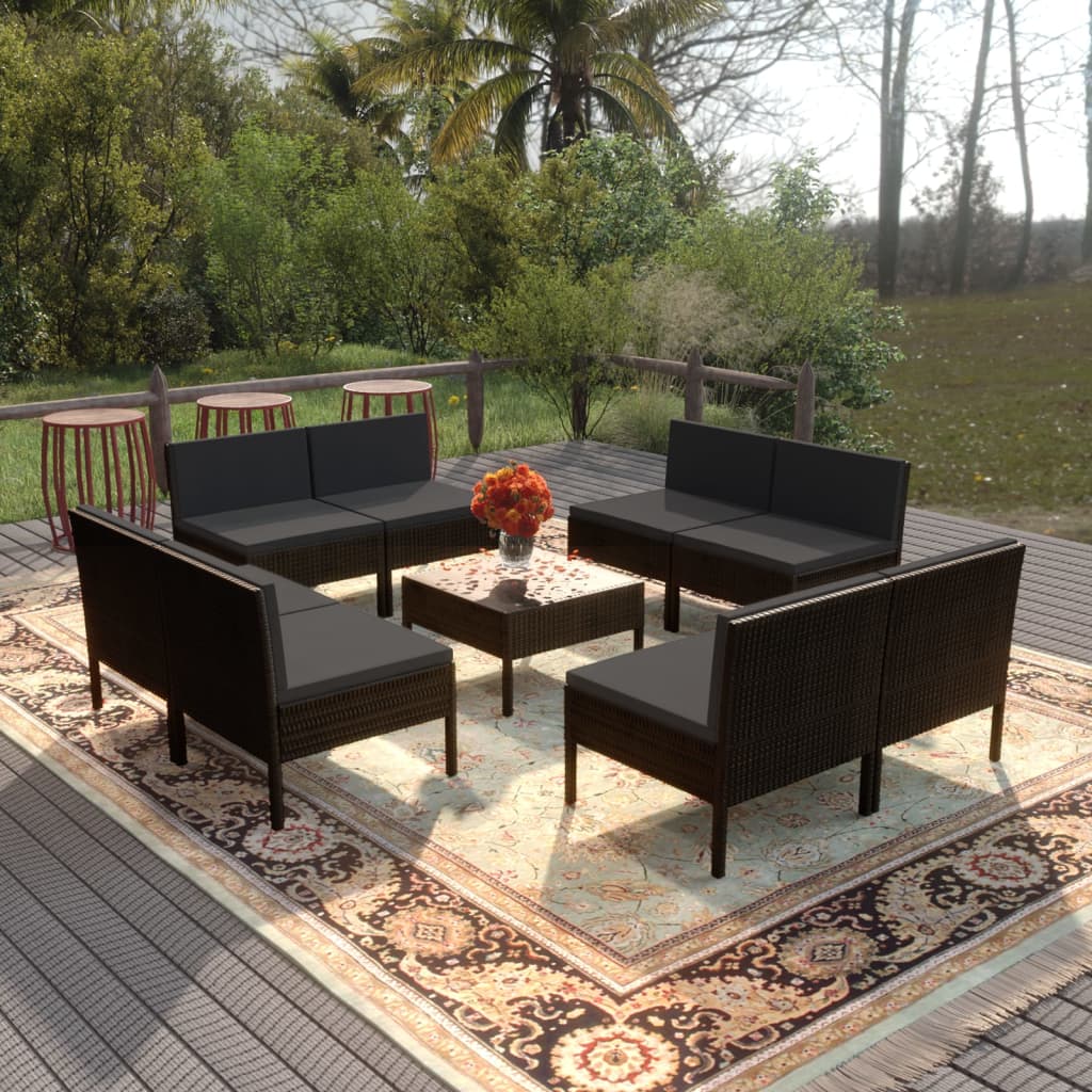 vidaXL 9-tlg. Garten-Lounge-Set mit Auflagen Poly Rattan Schwarz