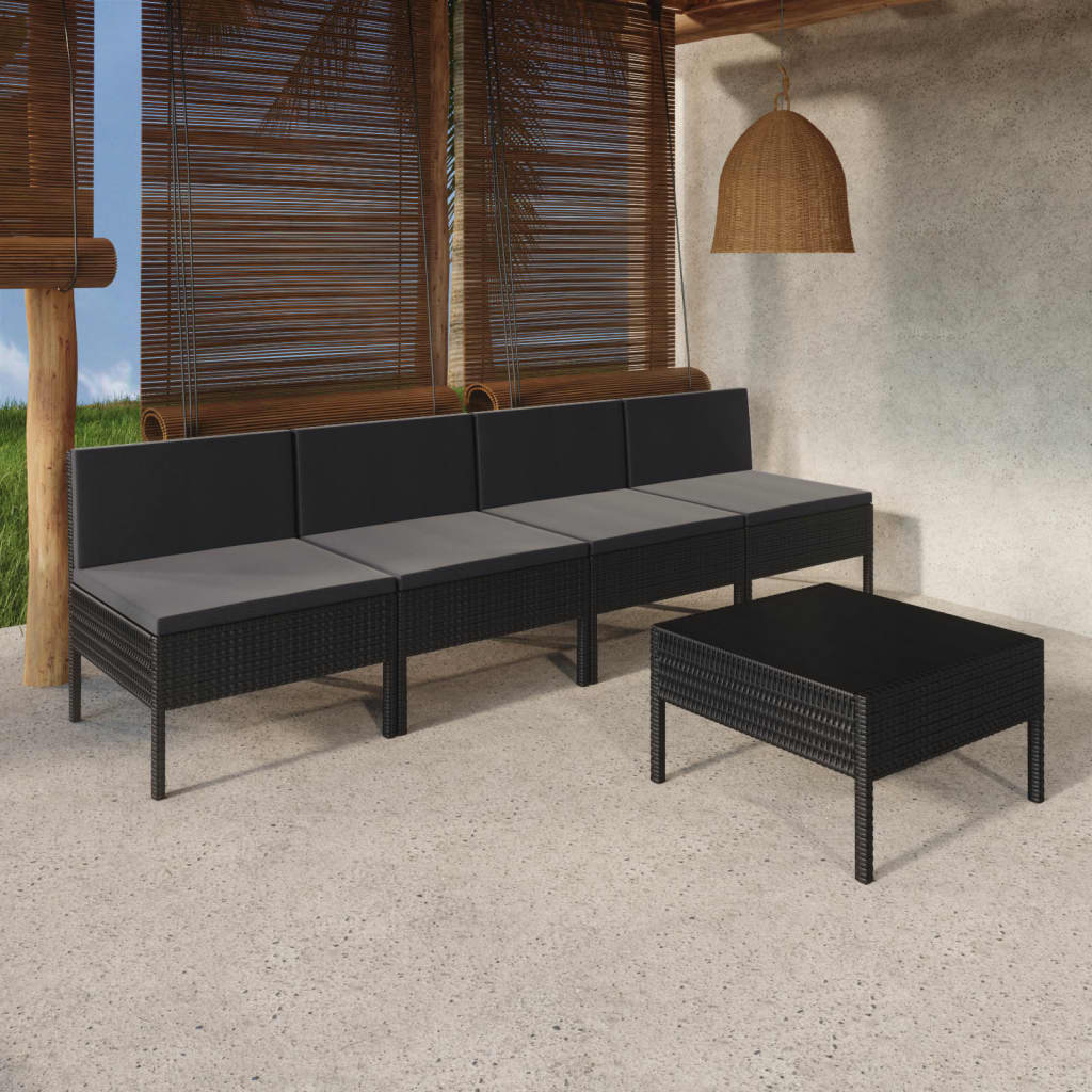 vidaXL 5-tlg. Garten-Lounge-Set mit Auflagen Poly Rattan Schwarz