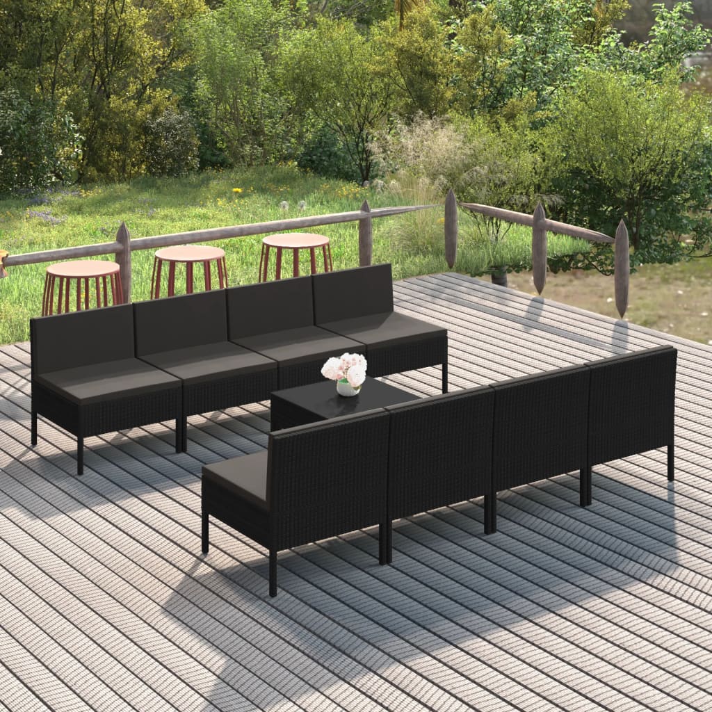 vidaXL Set mobilier de grădină cu perne, 9 piese, negru, poliratan