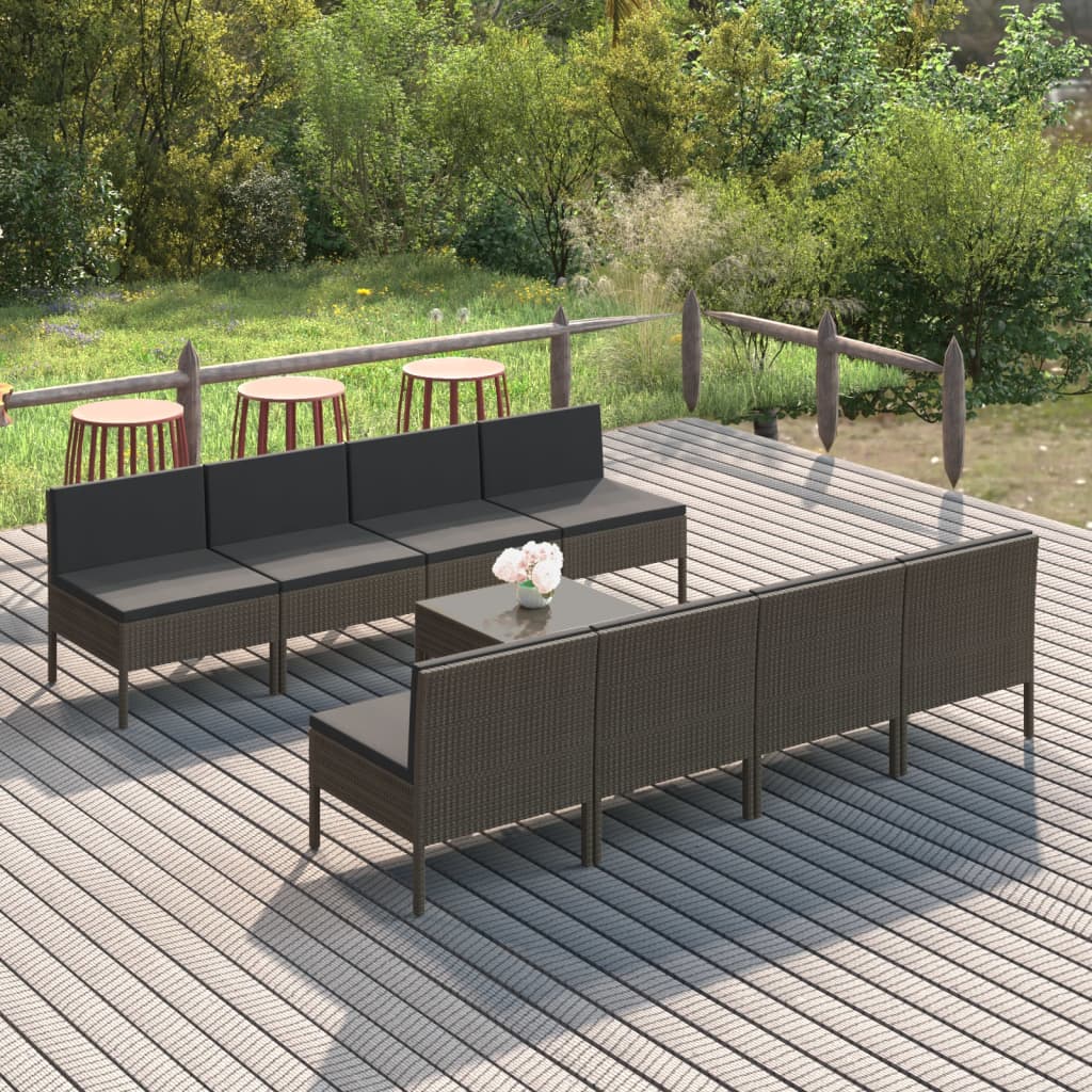 vidaXL 9-tlg. Garten-Lounge-Set mit Auflagen Poly Rattan Grau