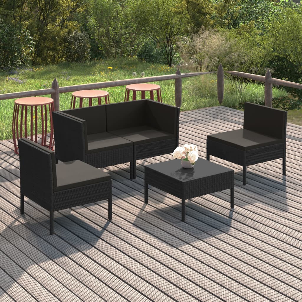 vidaXL 5-tlg. Garten-Lounge-Set mit Auflagen Poly Rattan Schwarz