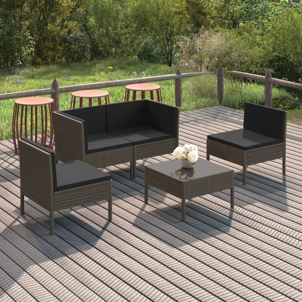 vida XL 5-tlg. Garten-Lounge-Set mit Auflagen Poly Rattan Grau