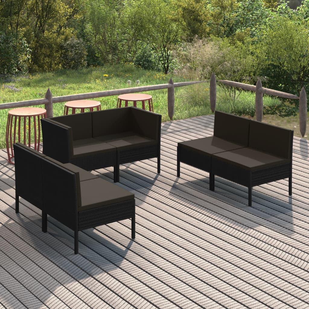vida XL 6-tlg. Garten-Lounge-Set mit Auflagen Poly Rattan Schwarz