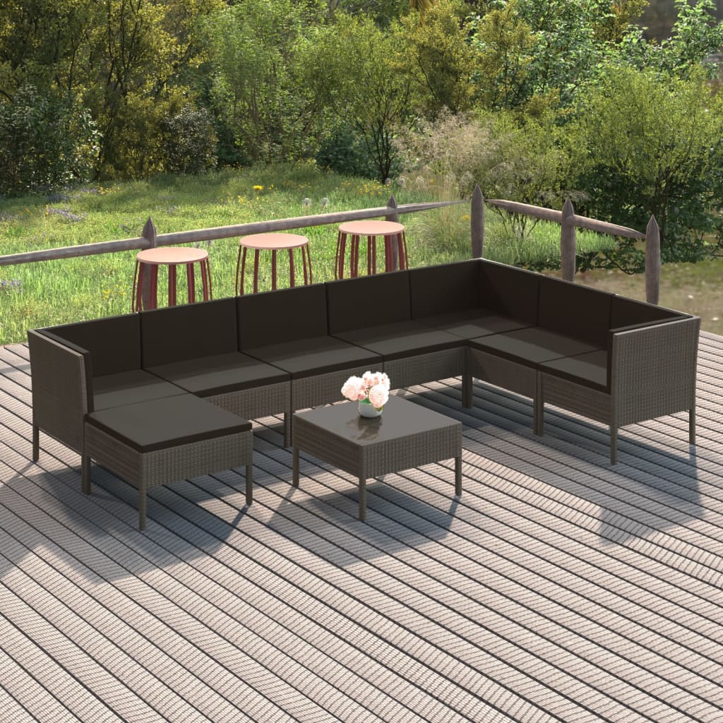 9-tlg. Garten-Lounge-Set mit Auflagen Poly Rattan Grau