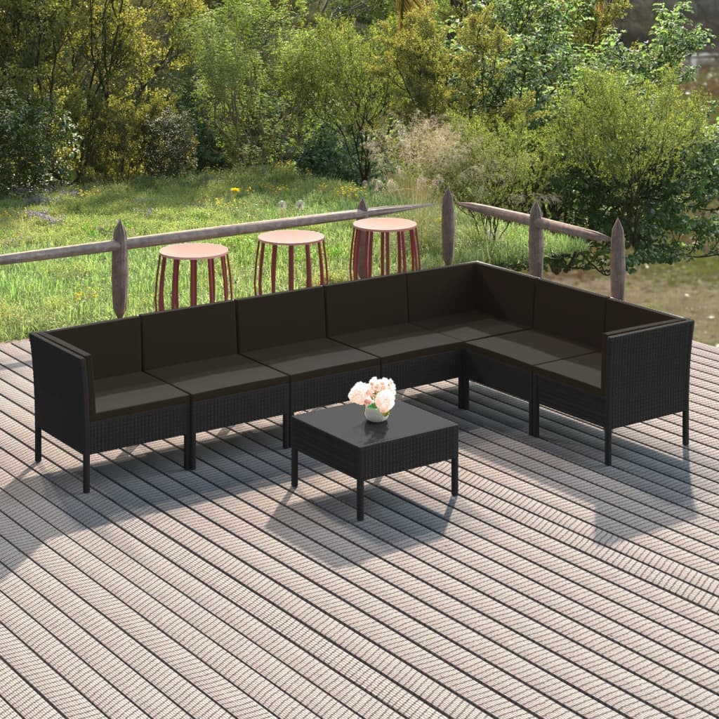 vidaXL Set mobilier de grădină cu perne, 8 piese, negru, poliratan