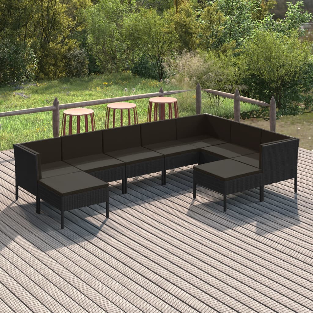 vidaXL Set mobilier de grădină cu perne, 9 piese, negru, poliratan