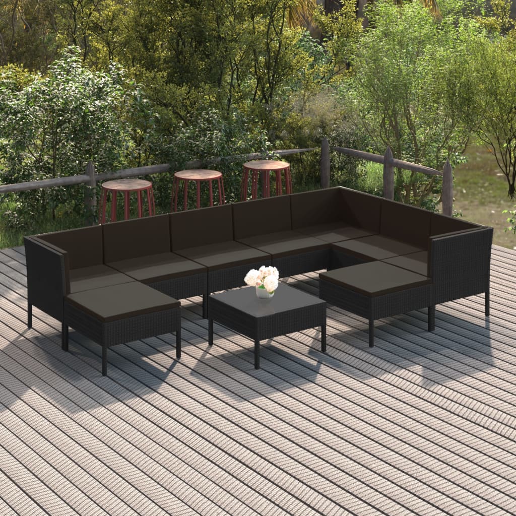 vidaXL 10-tlg. Garten-Lounge-Set mit Auflagen Poly Rattan Schwarz