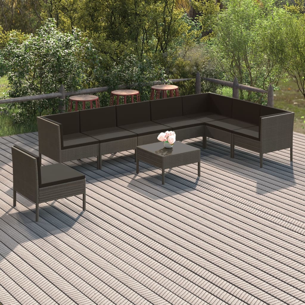 vidaXL 9-tlg. Garten-Lounge-Set mit Auflagen Poly Rattan Grau