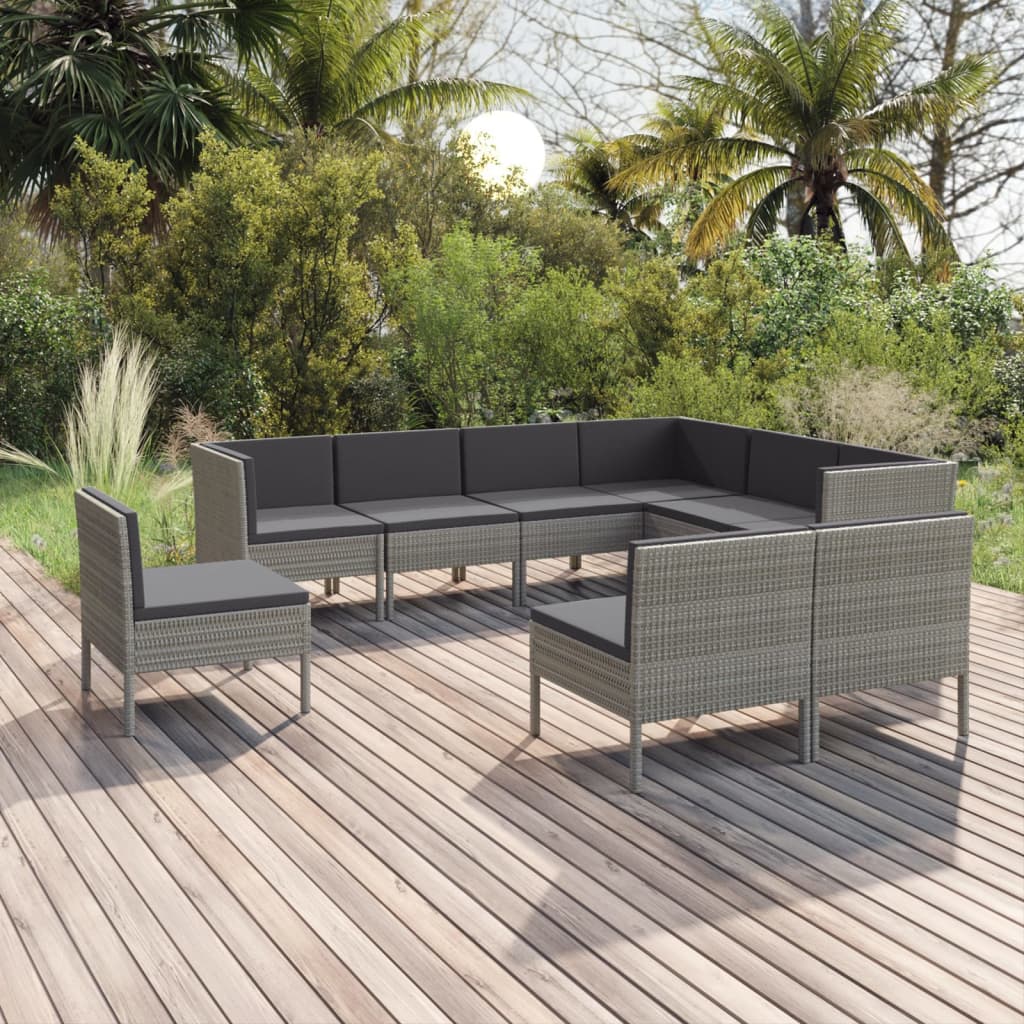 vidaXL 9-tlg. Garten-Lounge-Set mit Auflagen Poly Rattan Grau