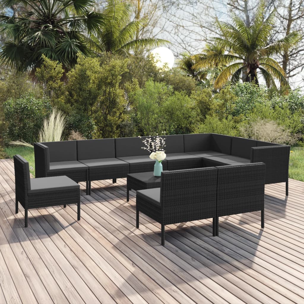 vidaXL 11-tlg. Garten-Lounge-Set mit Auflagen Poly Rattan Schwarz