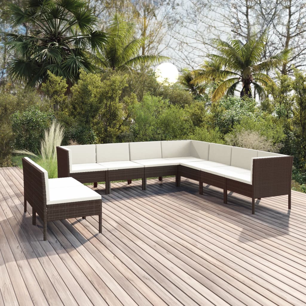 9-tlg. Garten-Lounge-Set mit Auflagen Poly Rattan Braun kaufen