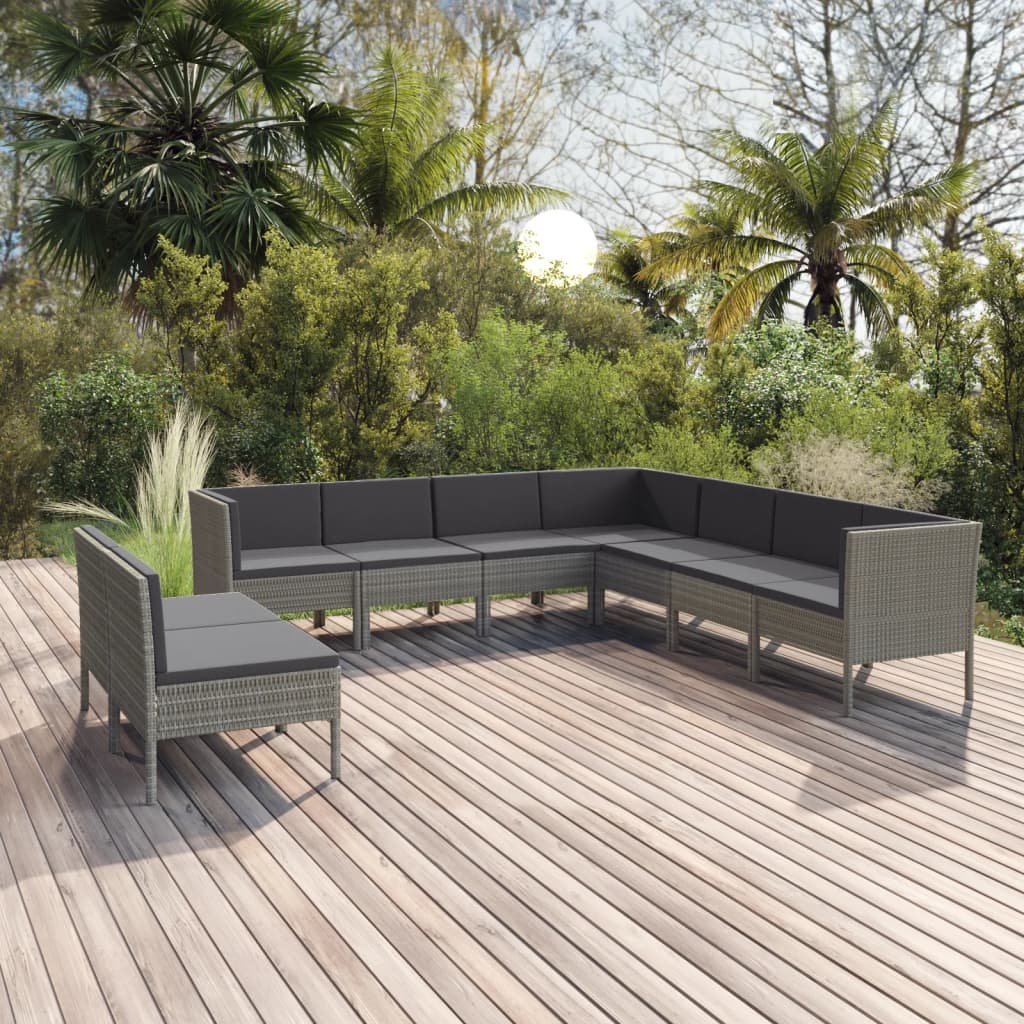 9-tlg. Garten-Lounge-Set mit Auflagen Poly Rattan Grau kaufen