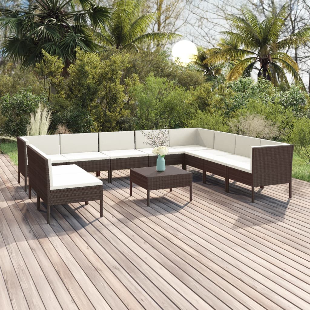 vidaXL 11-tlg. Garten-Lounge-Set mit Auflagen Poly Rattan Braun