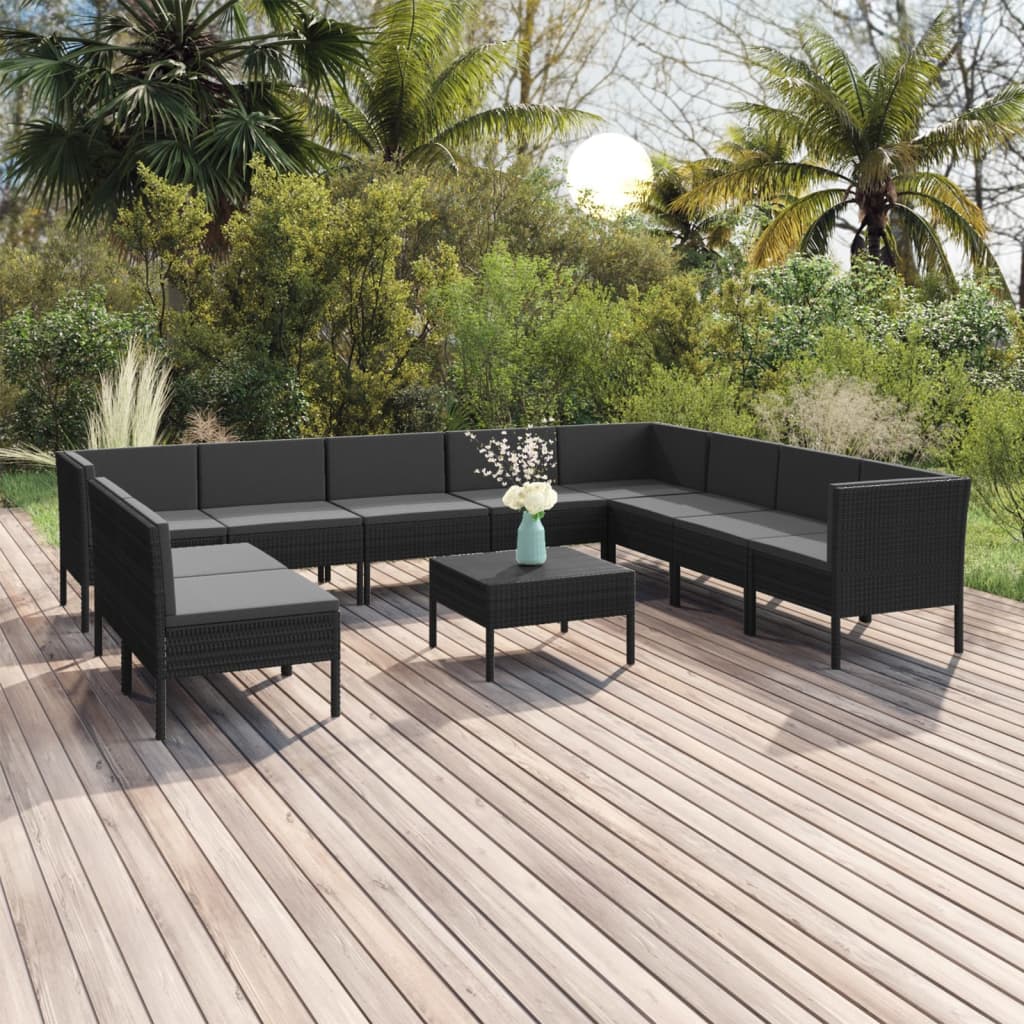 Set mobilier de grădină cu perne, 11 piese, negru, poliratan