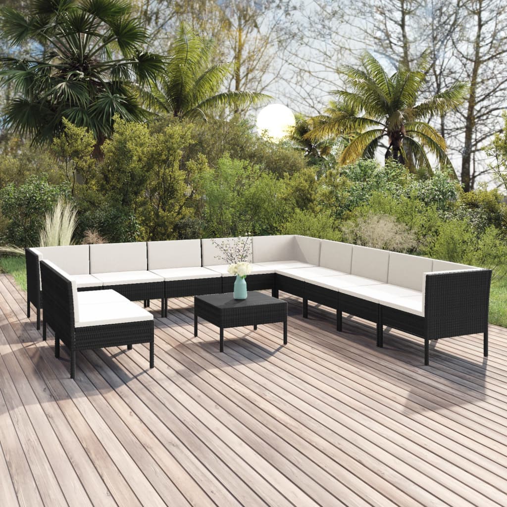 vida XL 12-tlg. Garten-Lounge-Set mit Auflagen Poly Rattan Schwarz