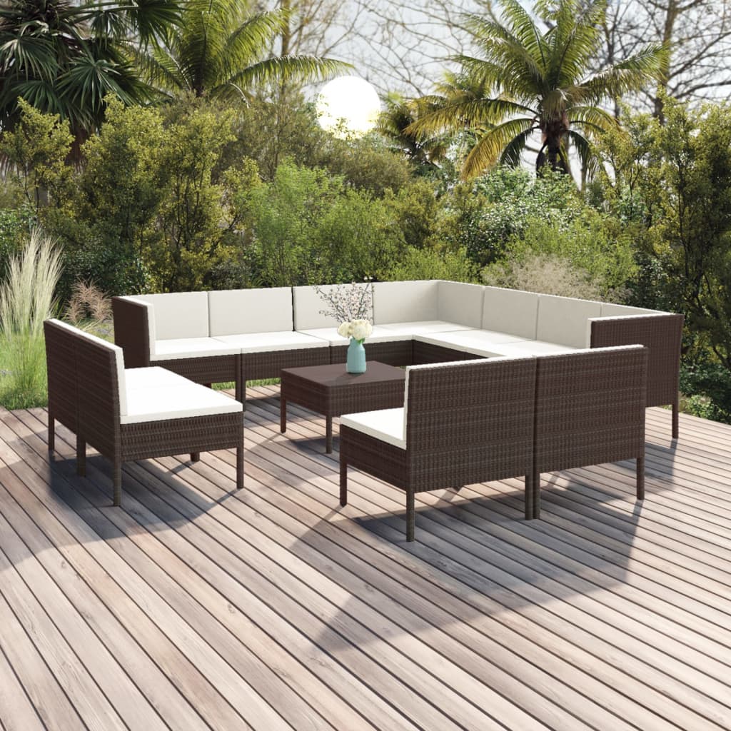 vida XL 12-tlg. Garten-Lounge-Set mit Auflagen Poly Rattan Braun