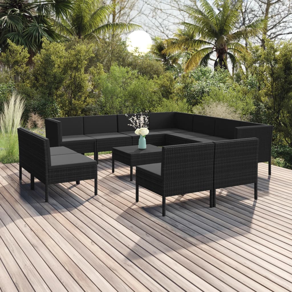 vidaXL Set mobilier de grădină cu perne, 12 piese, negru, poliratan vidaXL