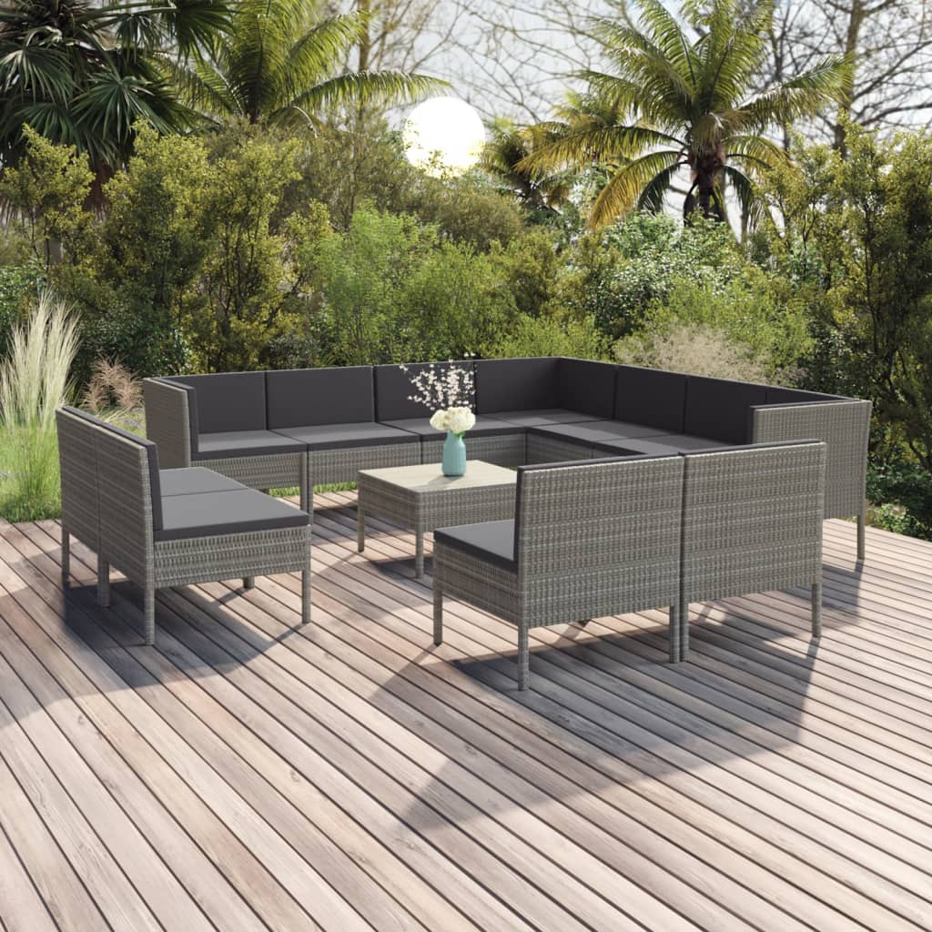 vida XL 12-tlg. Garten-Lounge-Set mit Auflagen Poly Rattan Grau