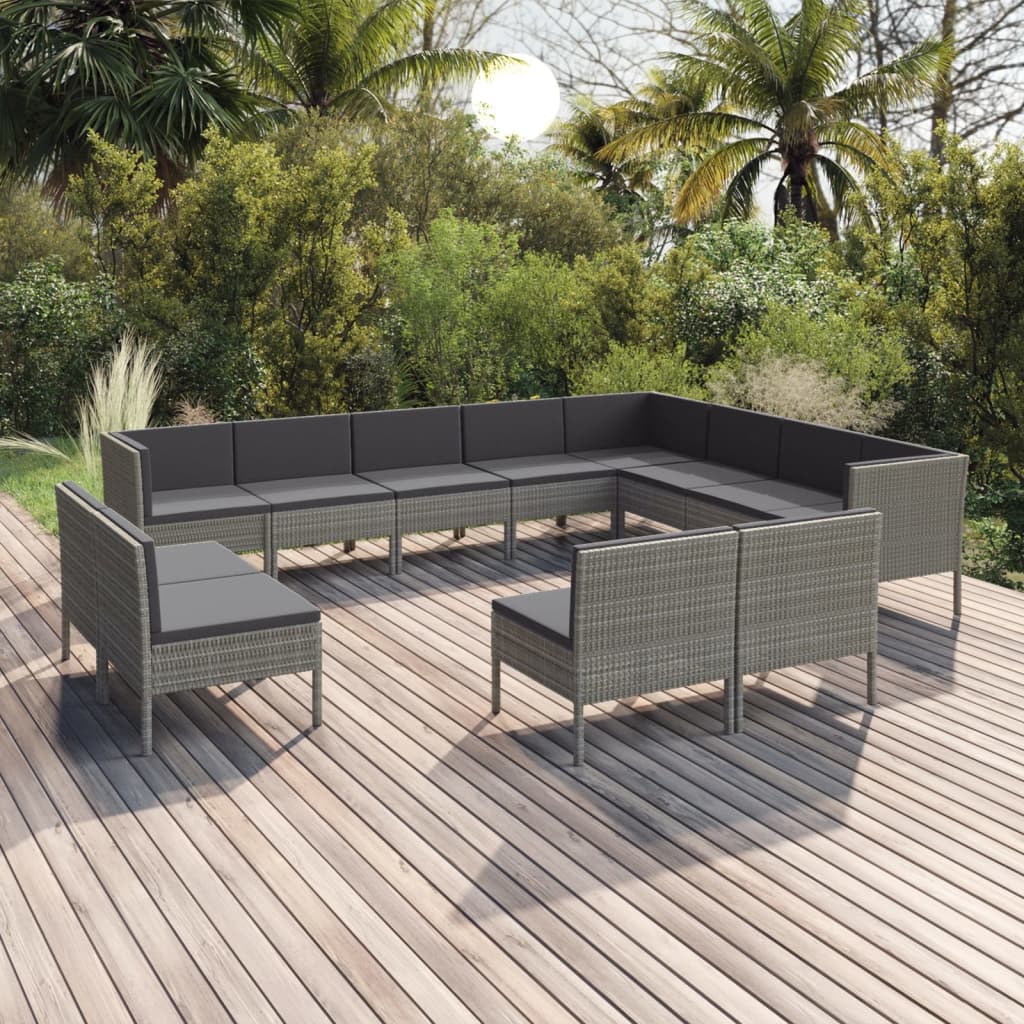 vidaXL 12-tlg. Garten-Lounge-Set mit Auflagen Poly Rattan Grau