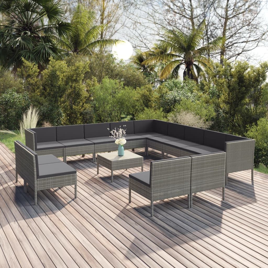 vida XL 14-tlg. Garten-Lounge-Set mit Auflagen Poly Rattan Grau