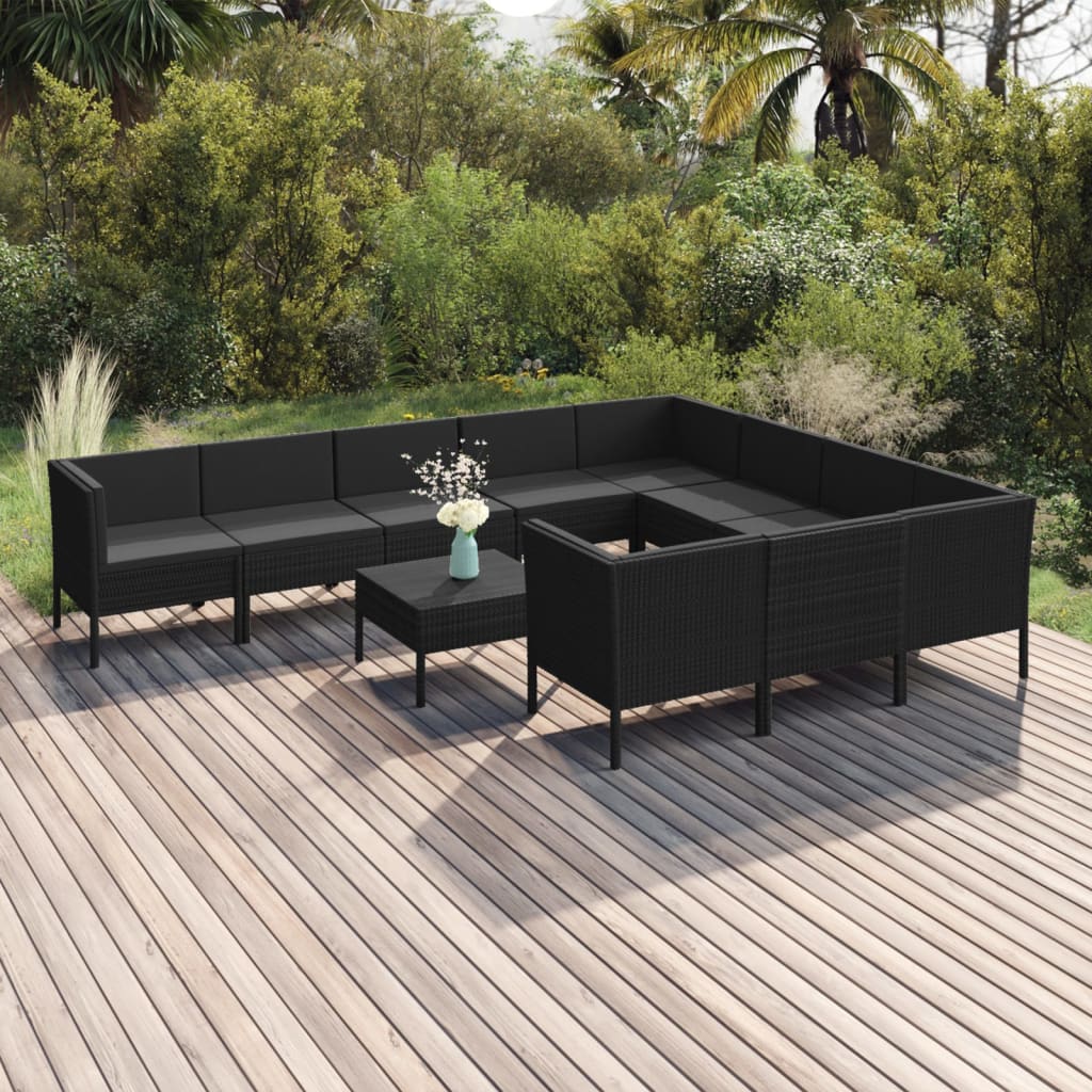 vida XL 11-tlg. Garten-Lounge-Set mit Auflagen Poly Rattan Schwarz