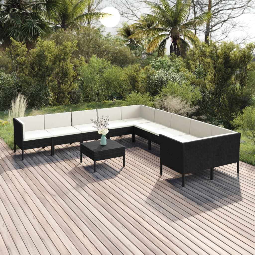 vida XL 11-tlg. Garten-Lounge-Set mit Auflagen Poly Rattan Schwarz