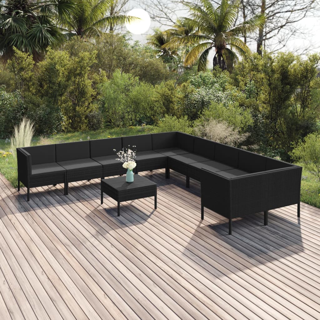 vidaXL 11-tlg. Garten-Lounge-Set mit Auflagen Poly Rattan Schwarz