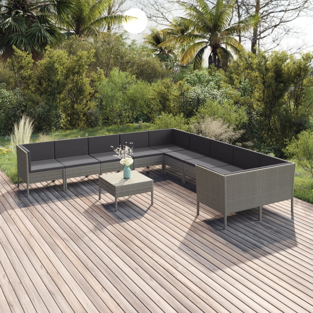 vida XL 11-tlg. Garten-Lounge-Set mit Auflagen Poly Rattan Grau