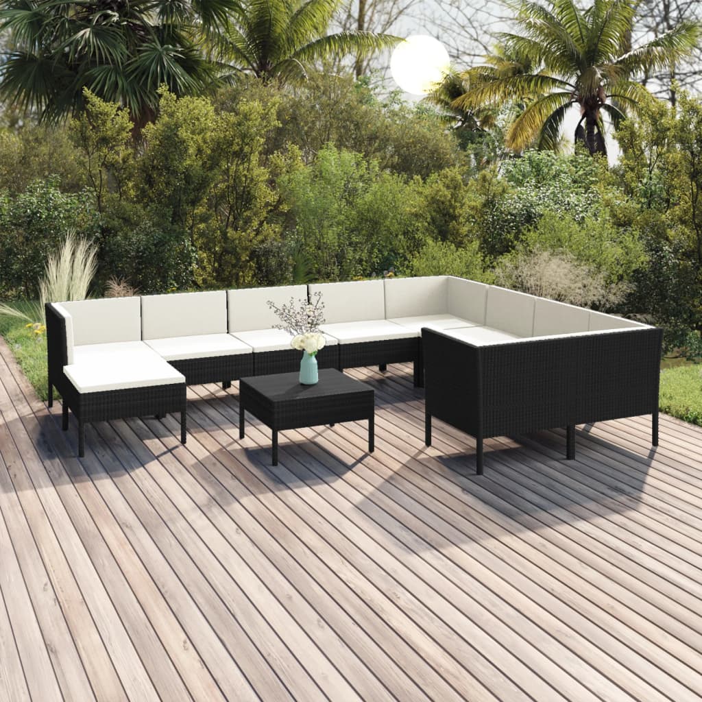 vidaXL 11-tlg. Garten-Lounge-Set mit Auflagen Poly Rattan Schwarz