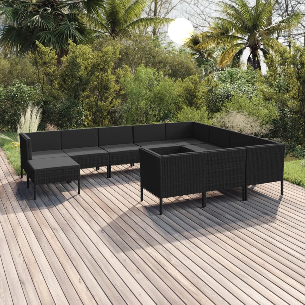 vidaXL 11-tlg. Garten-Lounge-Set mit Auflagen Poly Rattan Schwarz