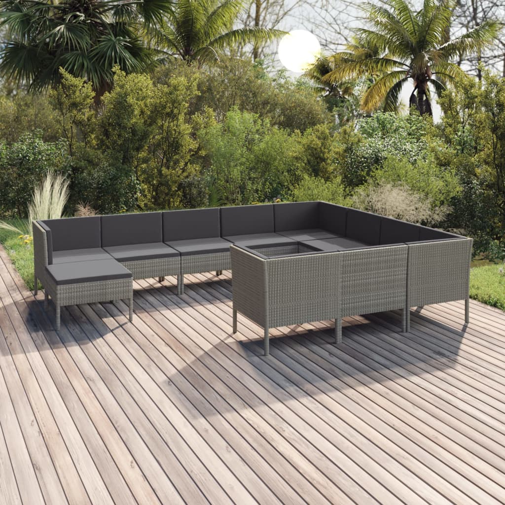 vida XL 11-tlg. Garten-Lounge-Set mit Auflagen Poly Rattan Grau