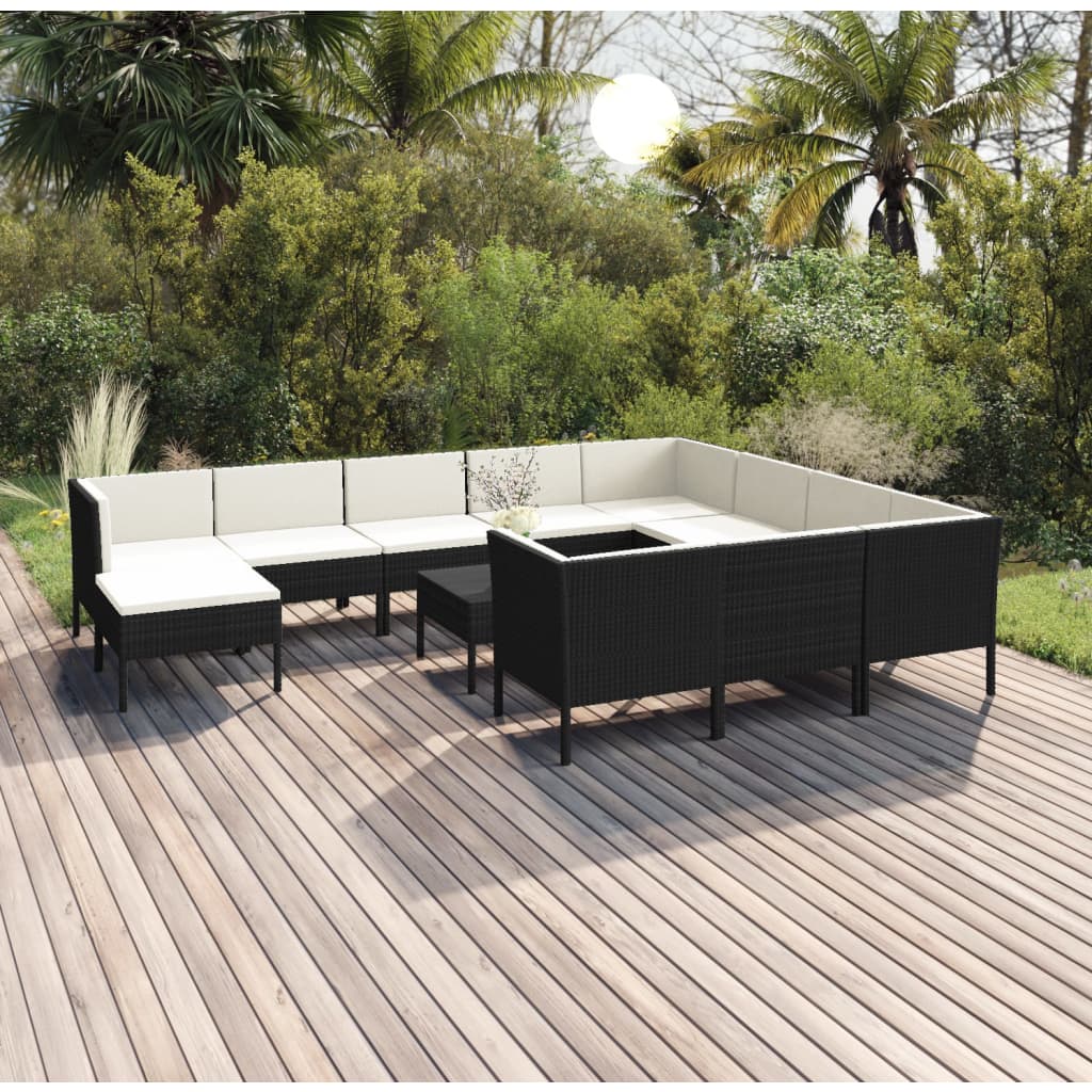 vidaXL 12-tlg. Garten-Lounge-Set mit Auflagen Poly Rattan Schwarz