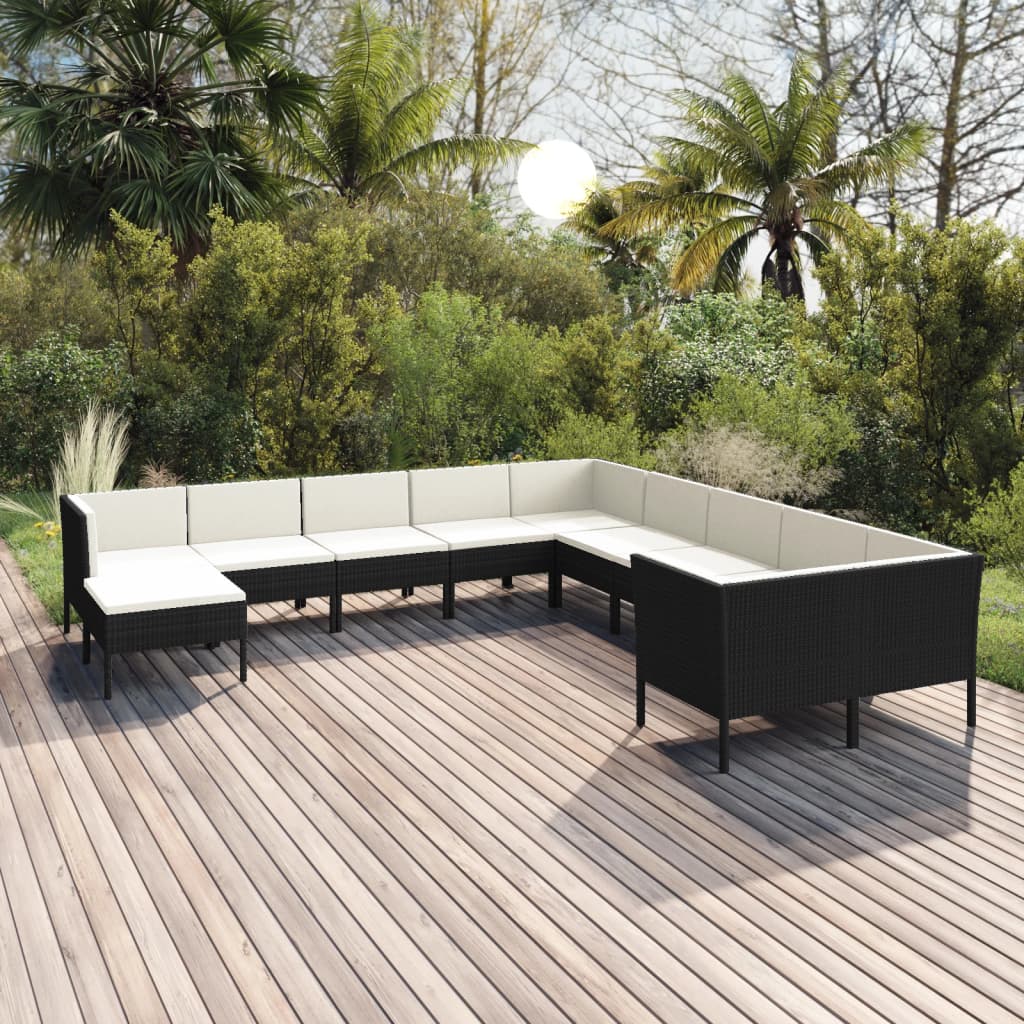 vidaXL 11-tlg. Garten-Lounge-Set mit Auflagen Poly Rattan Schwarz