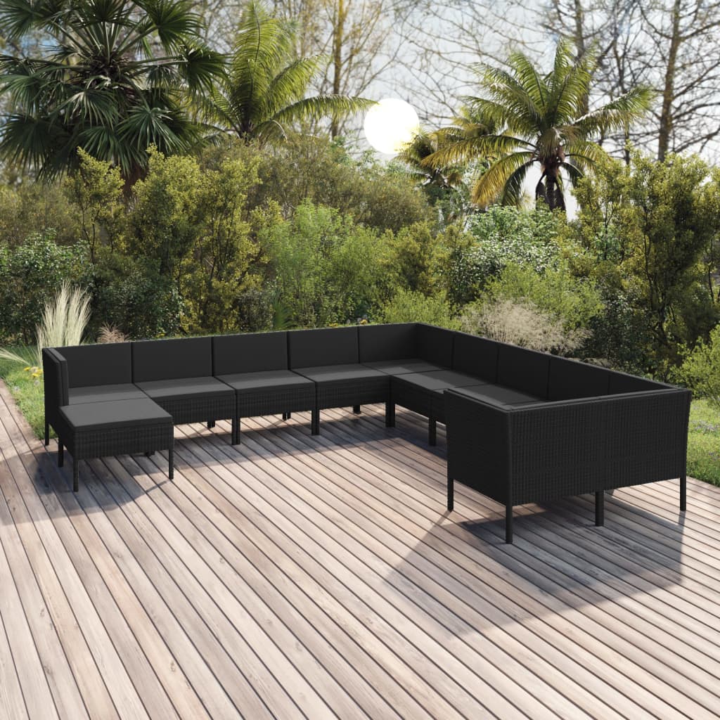 vidaXL 11-tlg. Garten-Lounge-Set mit Auflagen Poly Rattan Schwarz