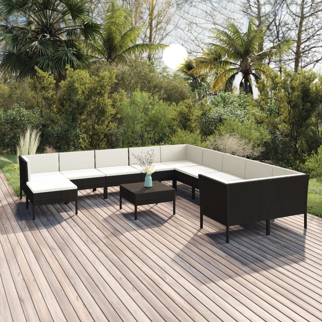 vida XL 12-tlg. Garten-Lounge-Set mit Auflagen Poly Rattan Schwarz