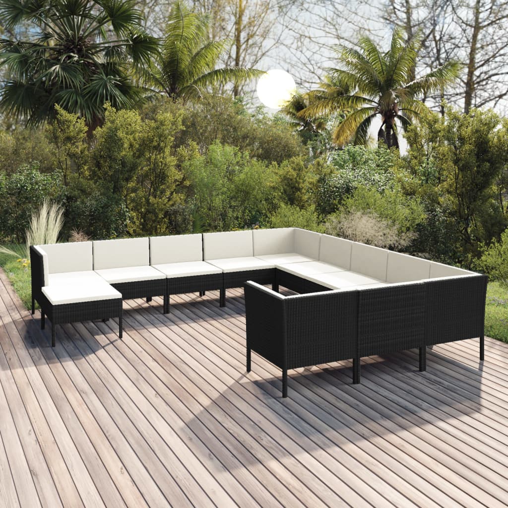 vidaXL 12-tlg. Garten-Lounge-Set mit Auflagen Poly Rattan Schwarz