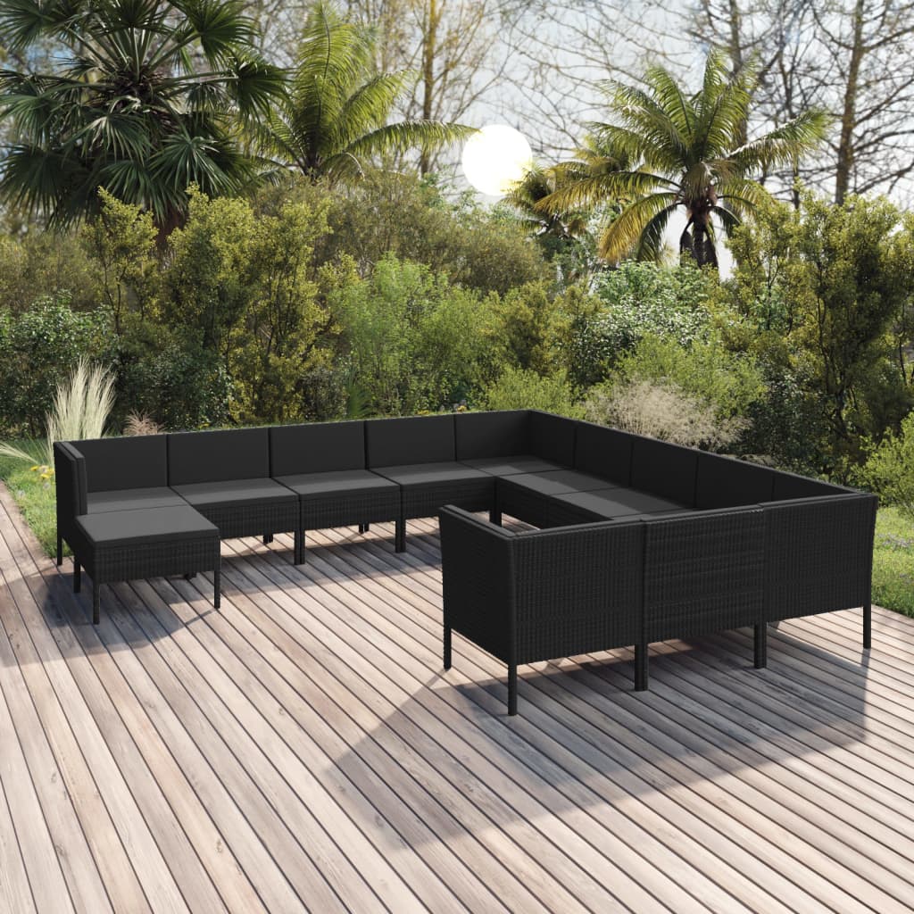 vidaXL Set mobilier de grădină cu perne, 12 piese, negru, poliratan