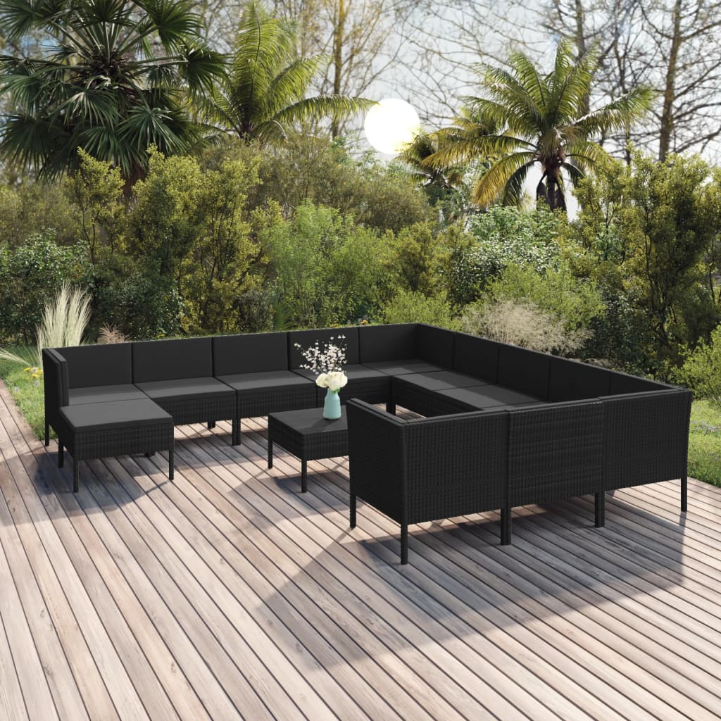 vidaXL 13-tlg. Garten-Lounge-Set mit Auflagen Poly Rattan Schwarz