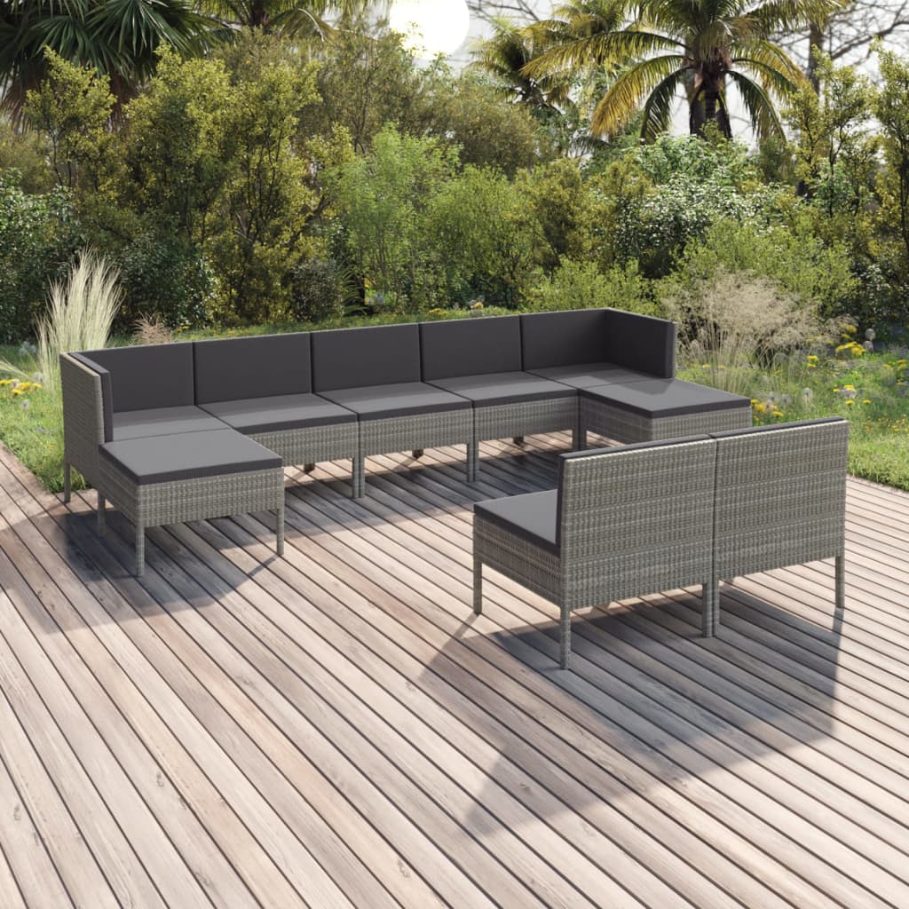 vidaXL 9-tlg. Garten-Lounge-Set mit Auflagen Poly Rattan Grau