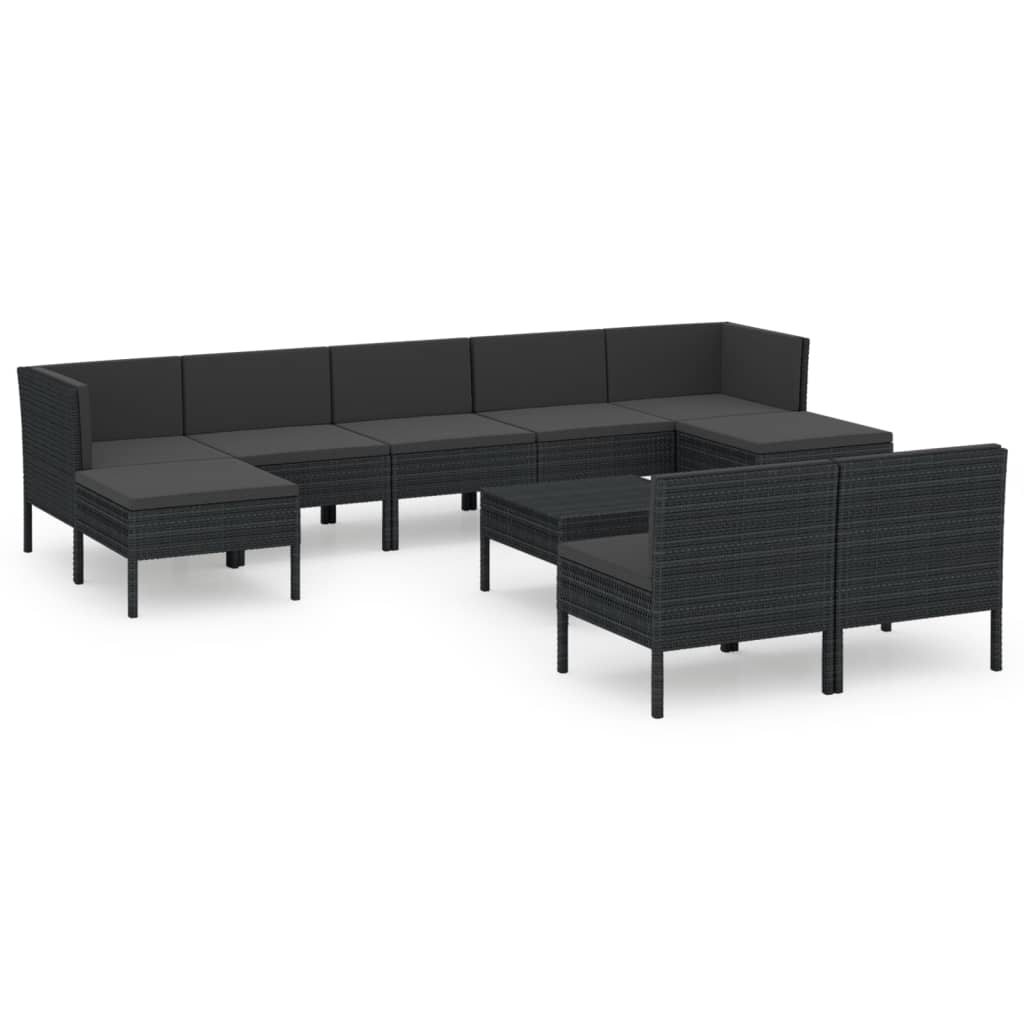 Set mobilier de grădină cu perne, 10 piese, negru, poliratan