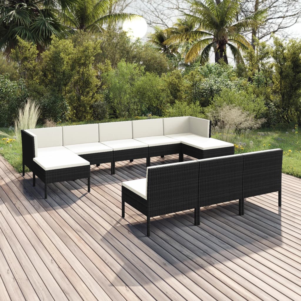 vidaXL Set mobilier de grădină cu perne, 10 piese, negru, poliratan