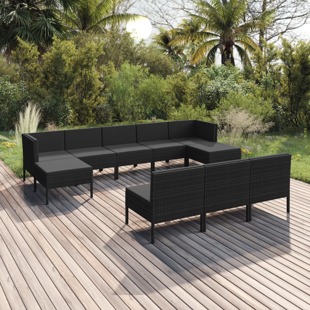 vidaXL 10-tlg. Garten-Lounge-Set mit Auflagen Poly Rattan Schwarz