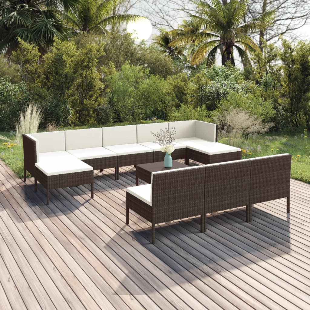 vida XL 11-tlg. Garten-Lounge-Set mit Auflagen Poly Rattan Braun
