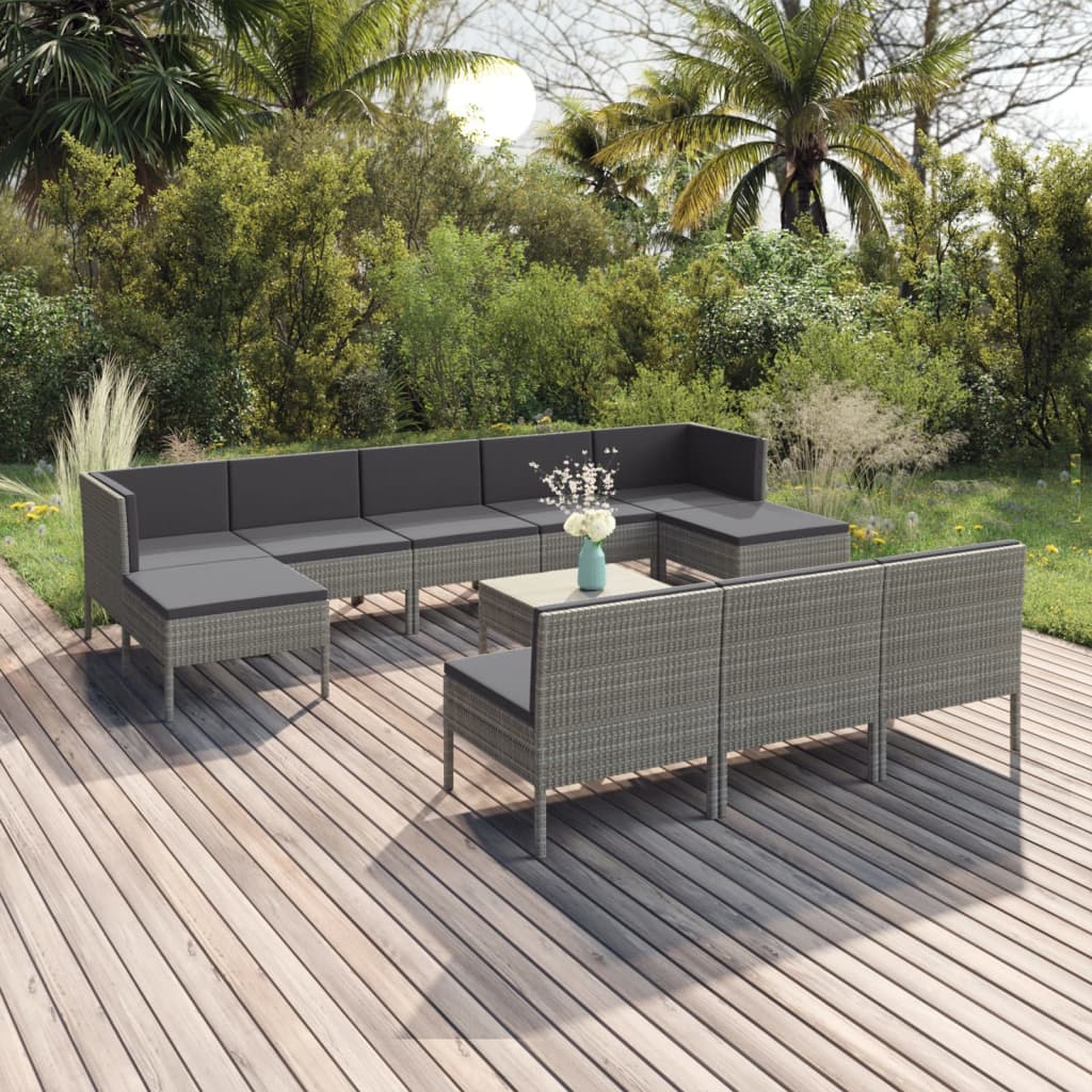 vidaXL 11-tlg. Garten-Lounge-Set mit Auflagen Poly Rattan Grau