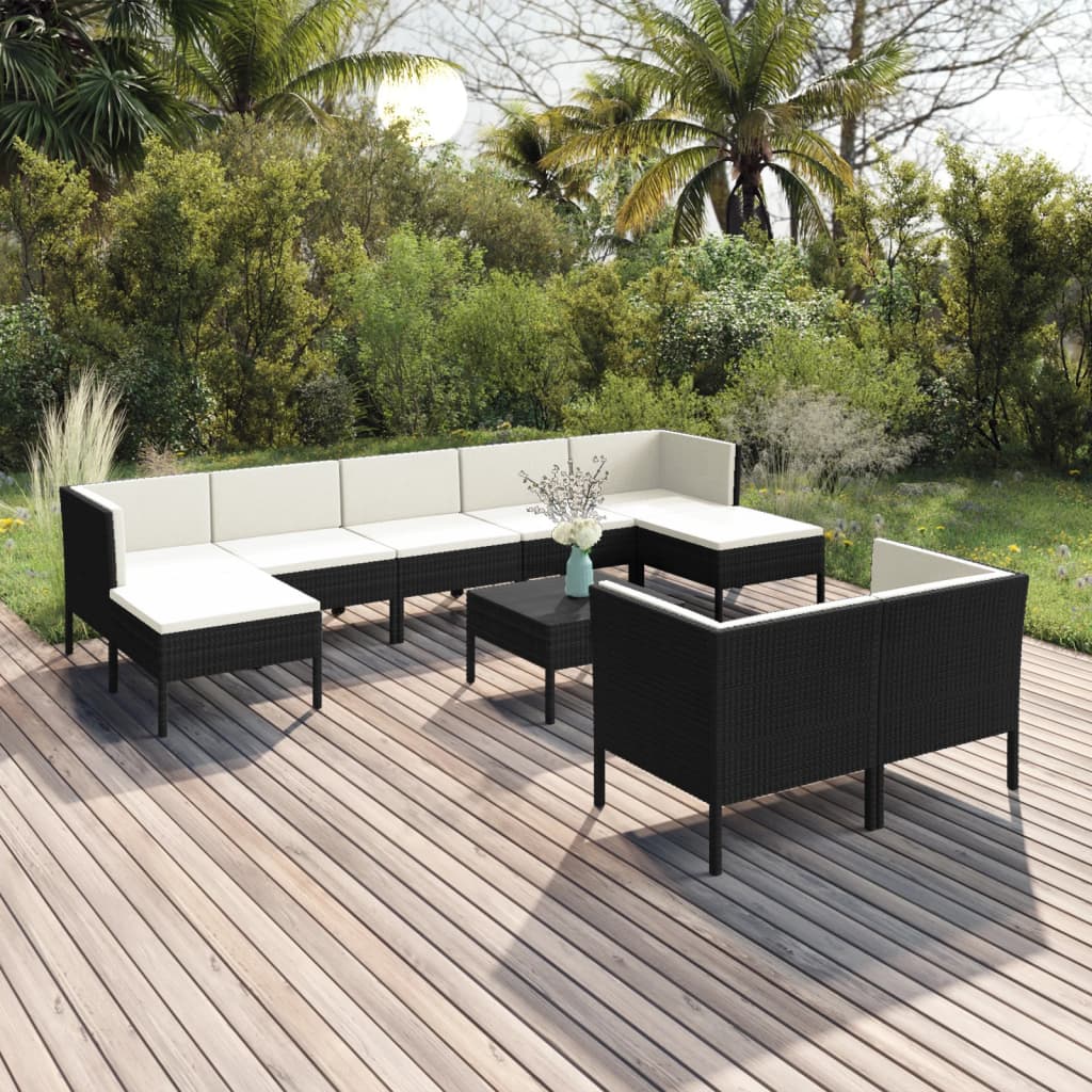 vidaXL Set mobilier de grădină cu perne, 10 piese, negru, poliratan