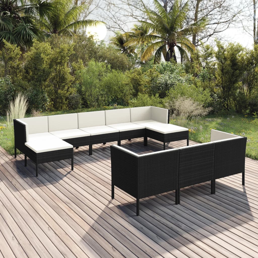 vidaXL 10-tlg. Garten-Lounge-Set mit Auflagen Poly Rattan Schwarz