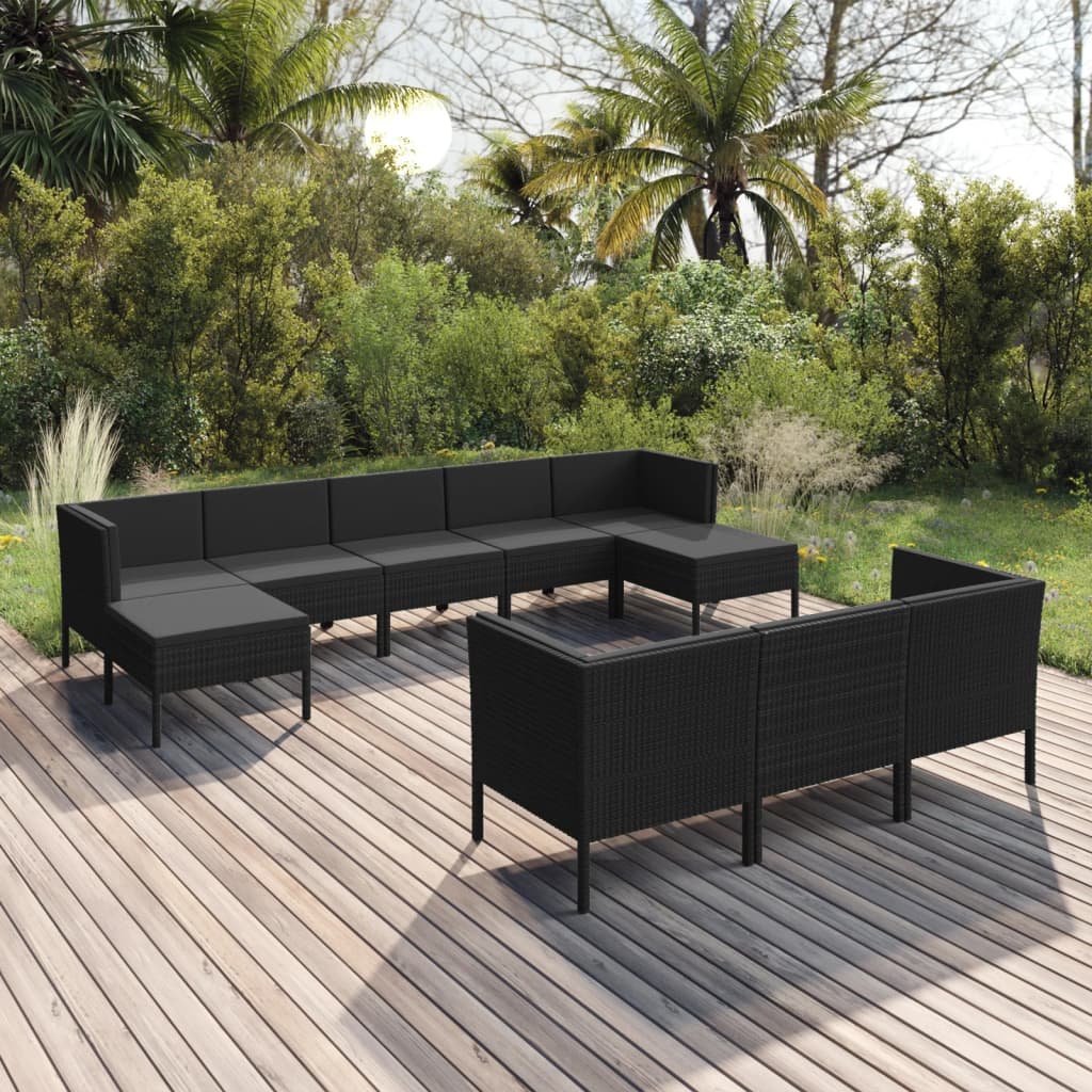 vidaXL Set mobilier de grădină cu perne, 10 piese, negru, poliratan