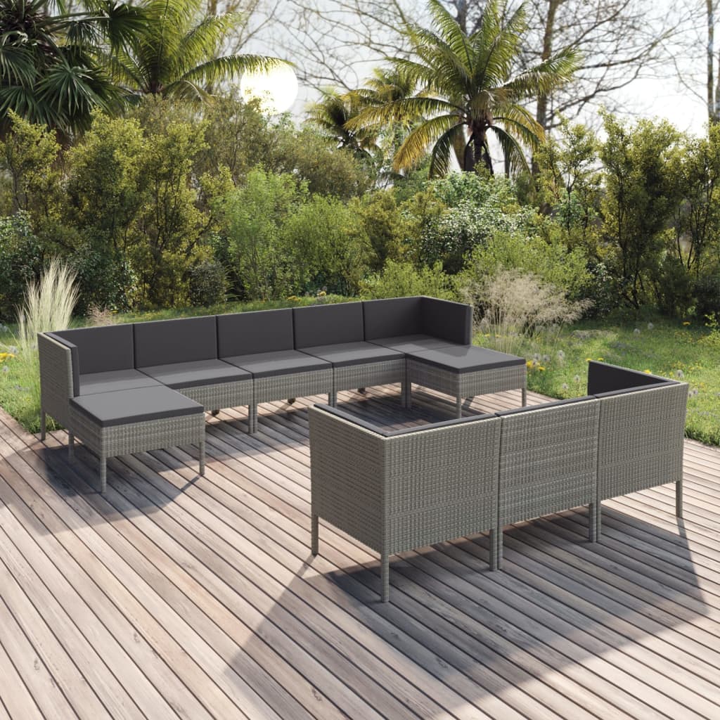 vidaXL 10-tlg. Garten-Lounge-Set mit Auflagen Poly Rattan Grau