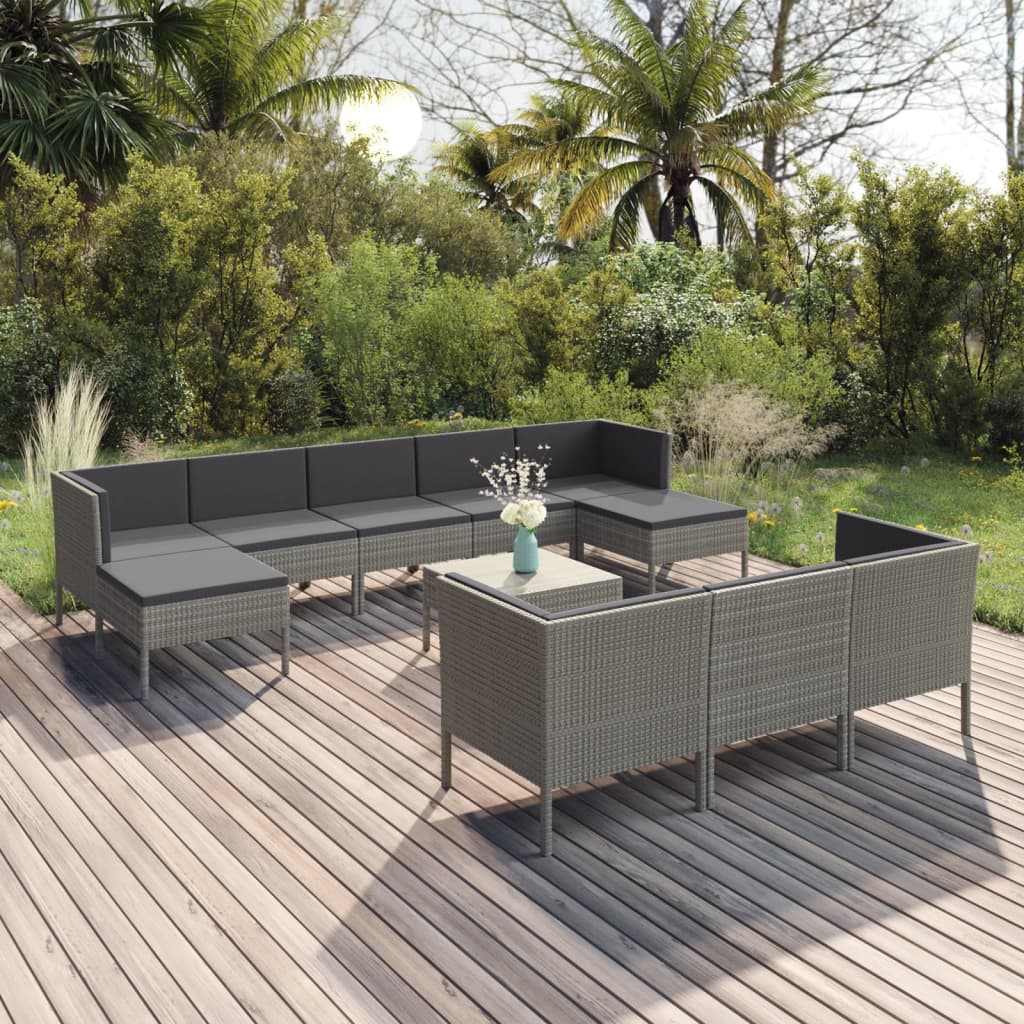 vidaXL 11-tlg. Garten-Lounge-Set mit Auflagen Poly Rattan Grau